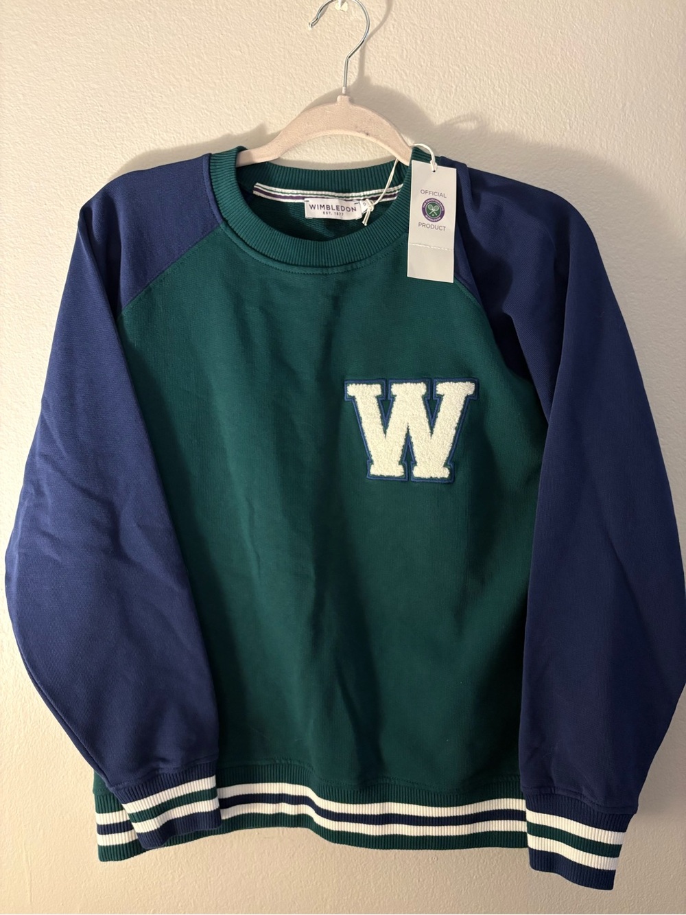 Wimbledon Green & Navy Raglan Crewneck Sweater with Chenille W Patch